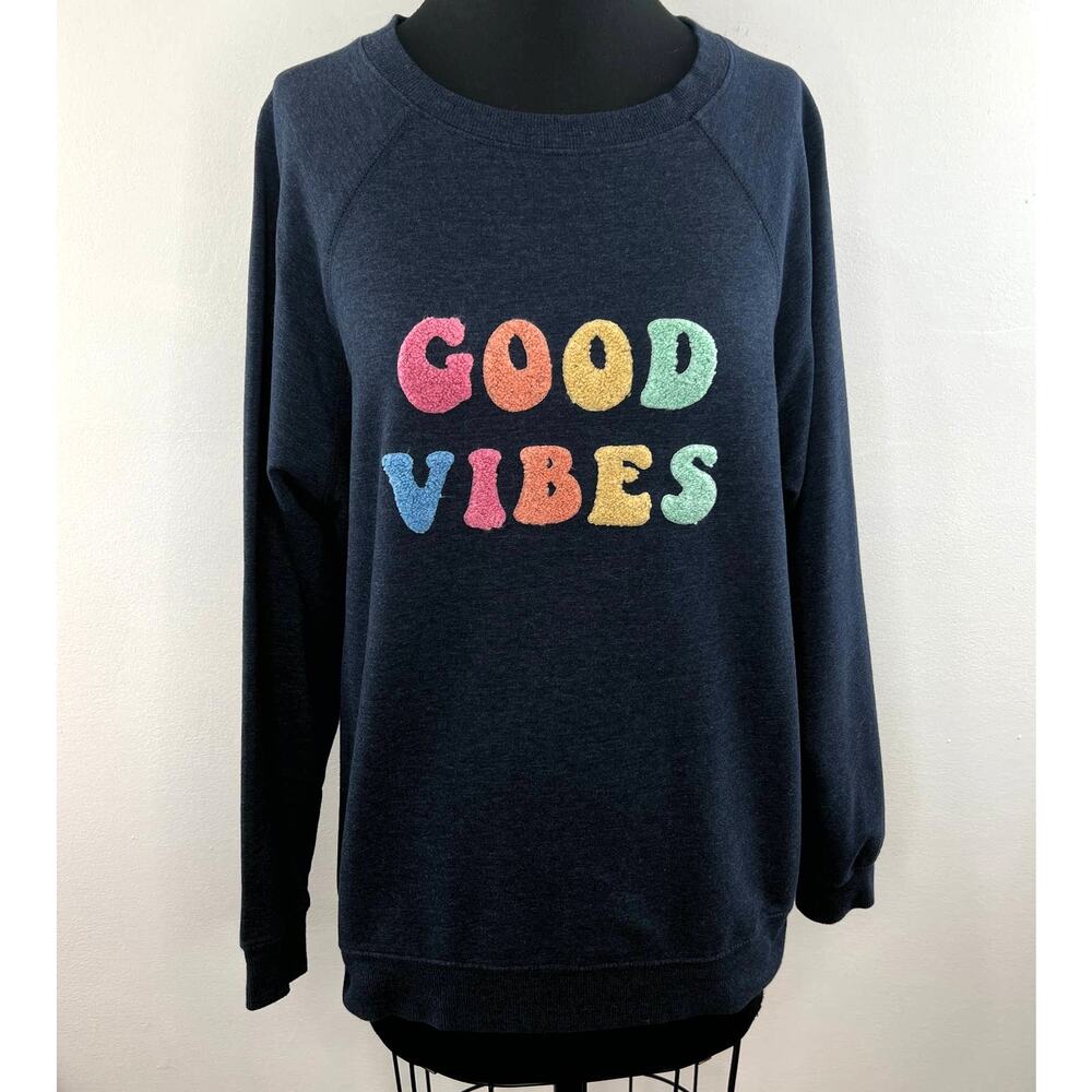 WILDFOX Navy Blue Good Vibes Embroidered Oversized Crew Sweatshirt Pullover S